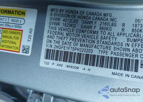 2023 Honda Civic из США, поврежденный, VIN 2HGFE1F75PH320203